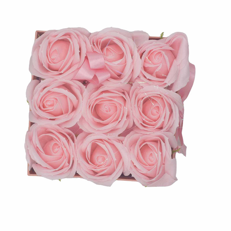Soap Flower Gift Bouquet In Box - 9 Pink Roses - Square