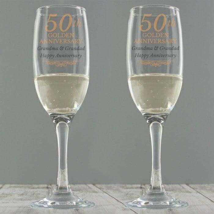 Personalised Golden Anniversary Pair of Flute Glasses With Gift Box - Myhappymoments.co.uk