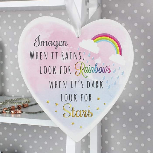 Personalised When It Rains Look For Rainbows When It’s Dark Look For Stars Large Heart Decoration - Myhappymoments.co.uk