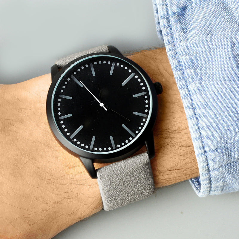 Engraved Mens Matte Black Watch with Grey Strap With Gift Boxed