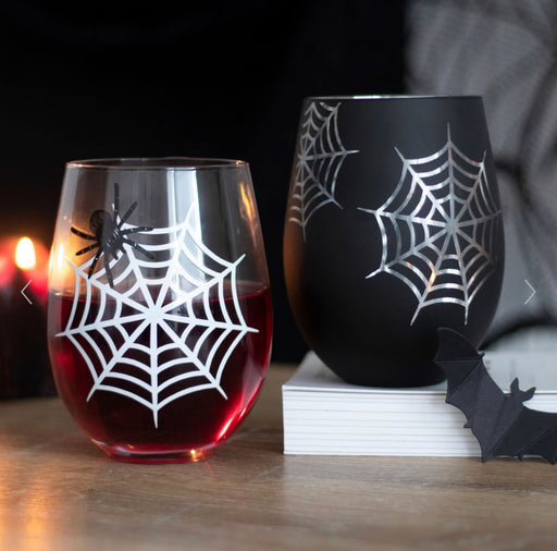 Set of 2 Spider and Web Stemless Wine Glasses - Gothic Themed Homeware