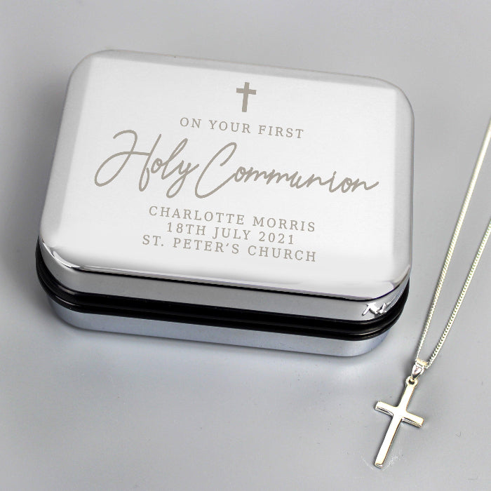 Personalised First Holy Communion Sterling Silver Cross Necklace Box Set