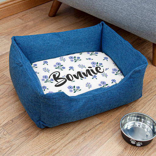 Personalised Blue Comfort Dog Bed with Blue Floral Design
