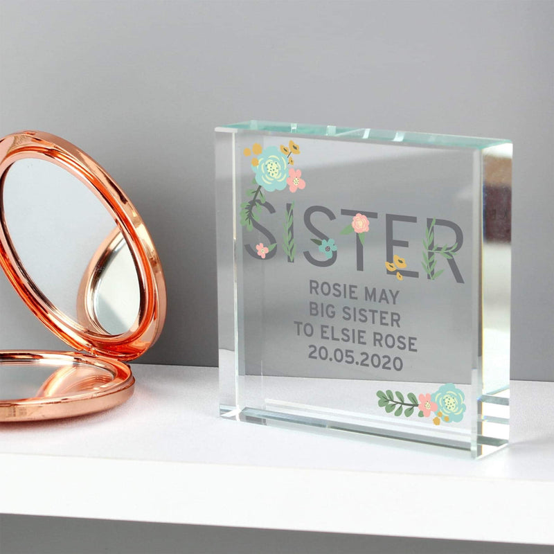 Personalised Floral Sister Large Crystal Glass Block