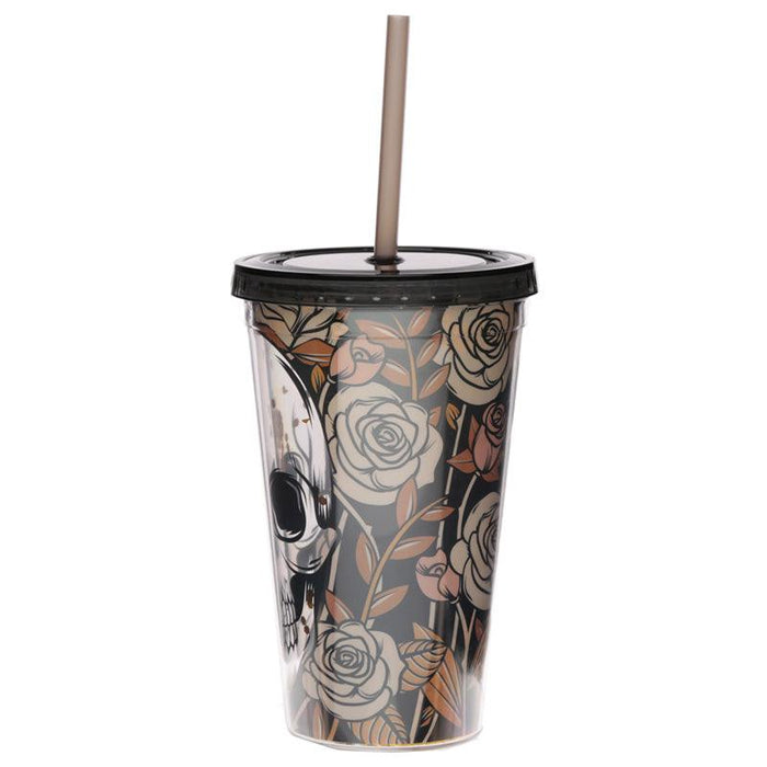 Skulls and Roses Plastic Double Walled Cup with Straw and Lid