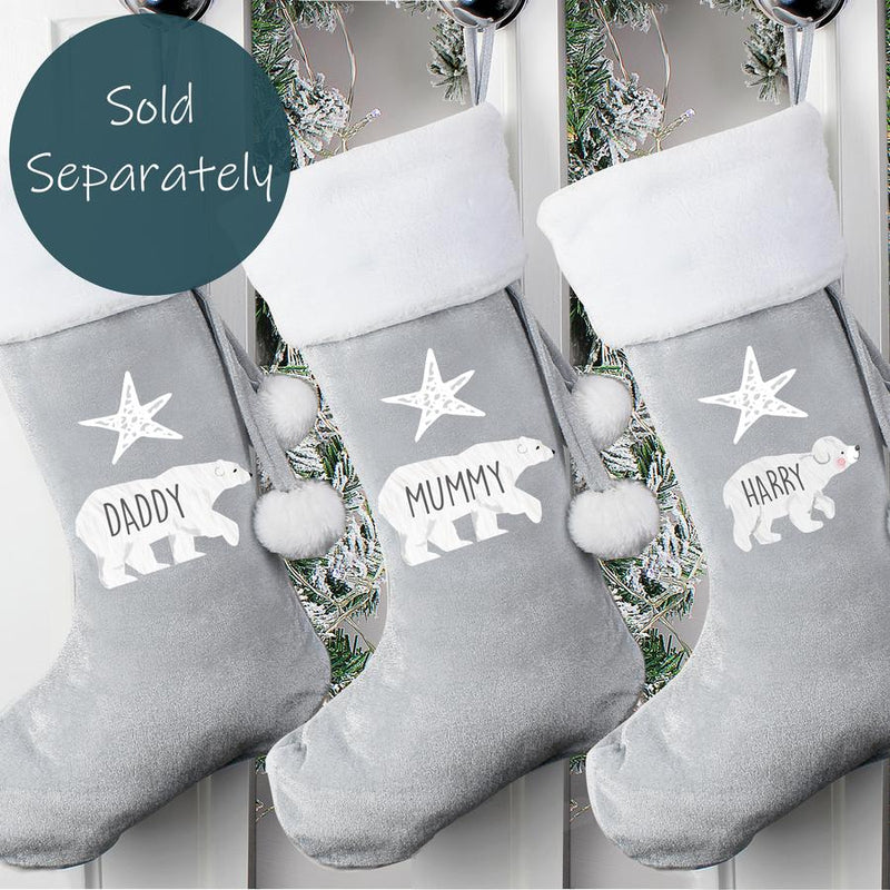 Personalised Polar Bear Luxury Silver Grey Christmas Stocking