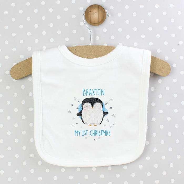 Personalised 1st Christmas Baby Bib - Penguin Design - Myhappymoments.co.uk