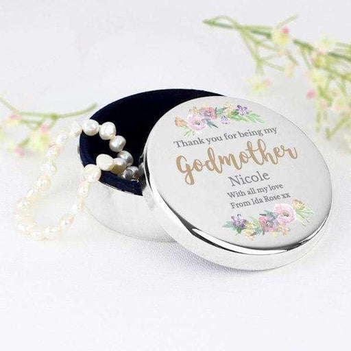 Personalised Thank You For Being My Godmother Round Trinket Box - Myhappymoments.co.uk