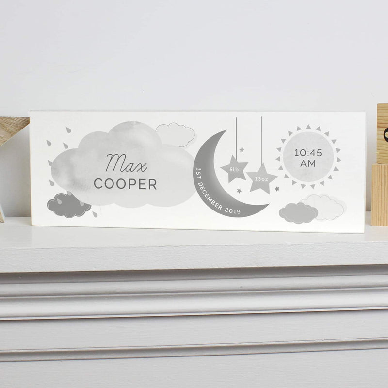 Personalised New Baby Moon & Stars Wooden Block Nursery Sign - Myhappymoments.co.uk