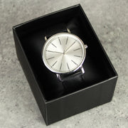 Personalised Silver with Black Leather Strap Mens Watch