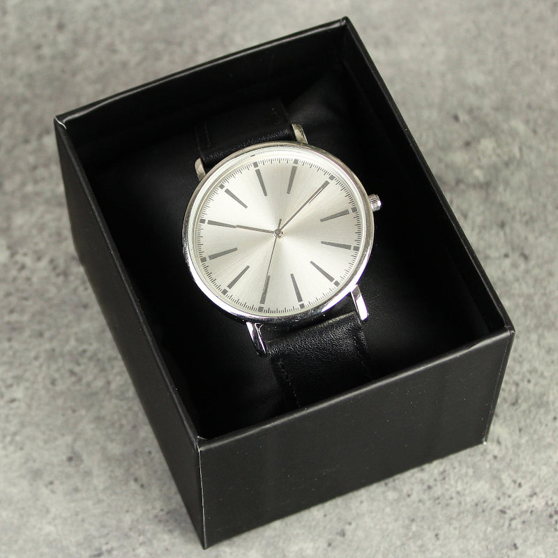 Personalised Silver with Black Leather Strap Mens Watch
