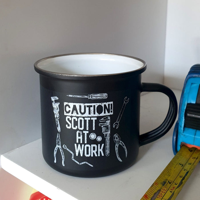 Personalised Caution At Work Enamel Mug