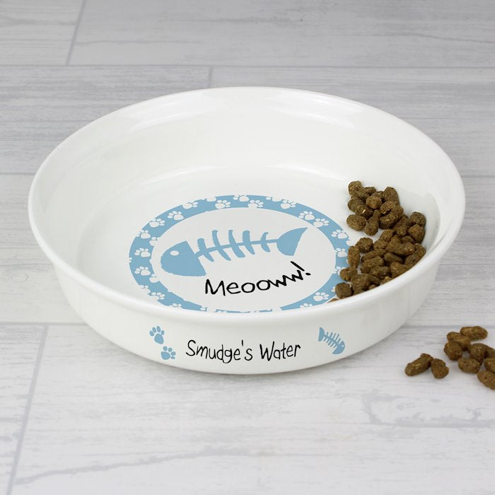 Personalised Blue Fish Design Cat Bowl - Myhappymoments.co.uk