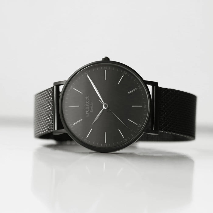 Personalised Men's Architect Minimalist Watch With Pitch Black Mesh Strap