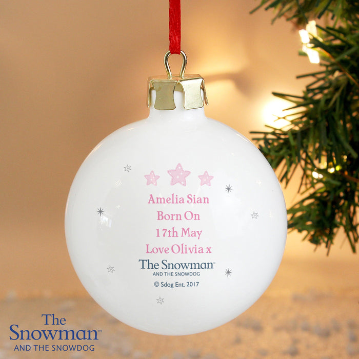 Personalised The Snowman and the Snowdog My 1st Christmas Pink Bauble - Myhappymoments.co.uk