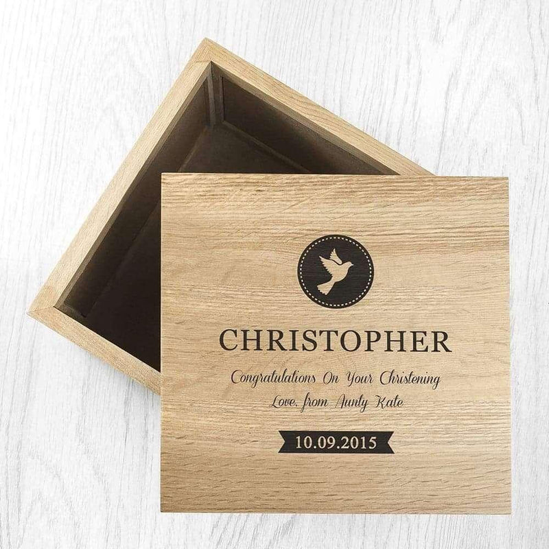 Personalised Christening Oak Photo Cube Wooden Keepsake Box