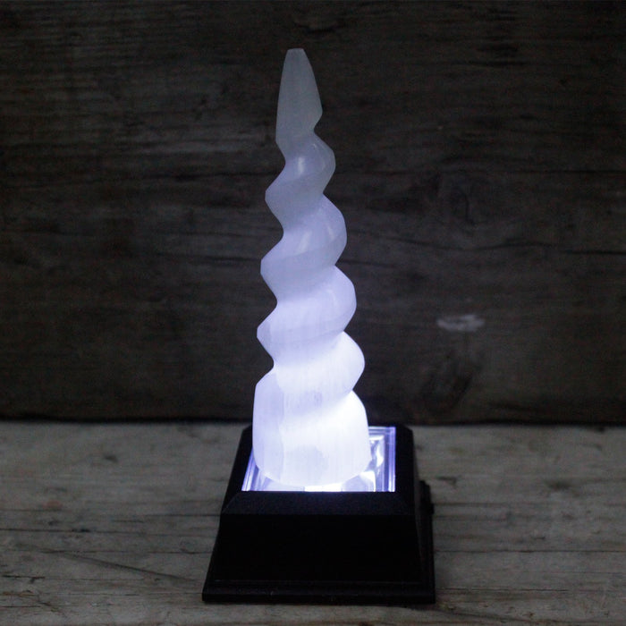 Selenite Spiral Unicorn Horn Tower - 15 cm