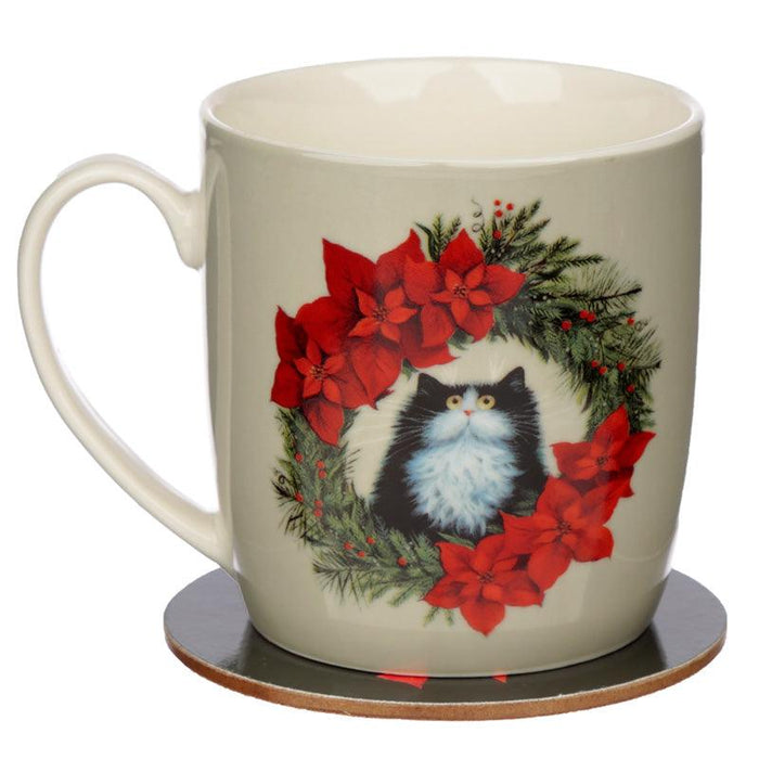 Kim Haskins Christmas Wreath Cat Porcelain Mug & Coaster Set