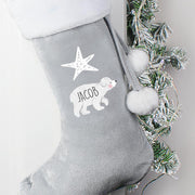 Personalised Baby Polar Bear Luxury Silver Grey Christmas Stocking