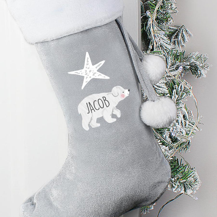 Personalised Baby Polar Bear Luxury Silver Grey Christmas Stocking