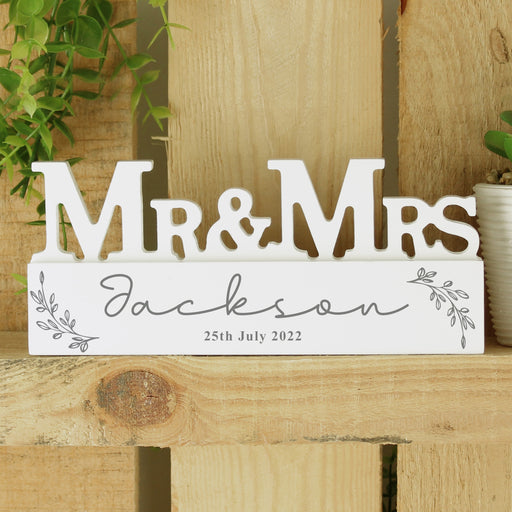 Personalised Leaf Wooden Mr & Mrs Wedding Ornament