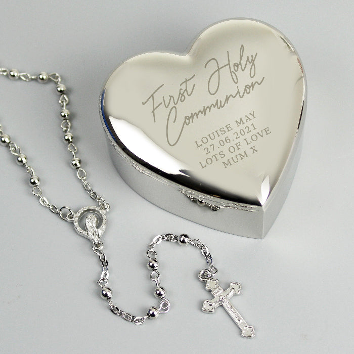 Rosary Beads & Personalised First Holy Communion Cross Trinket Box