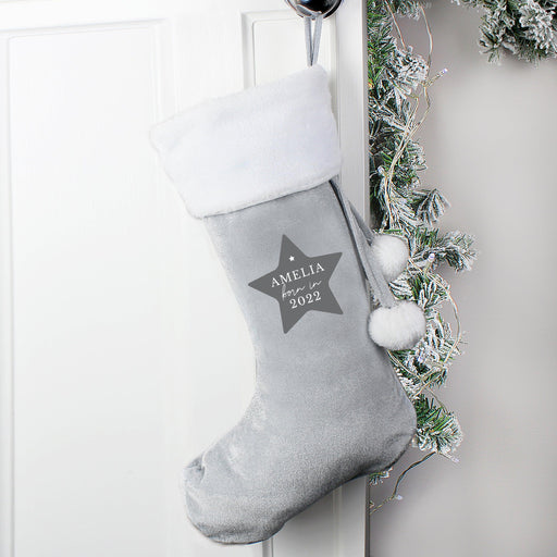 Personalised Born In Luxury Christmas Silver Grey Stocking