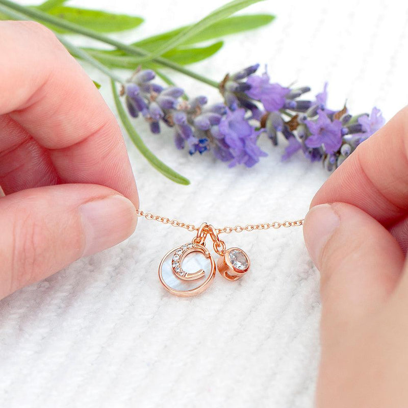 Rose Gold Initial Necklace with Mother of Pearl and Crystal Charms