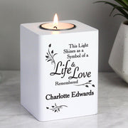Personalised Life & Love White Remembered Wooden Tea Light Holder
