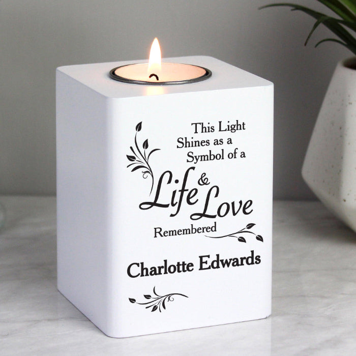 Personalised Life & Love White Remembered Wooden Tea Light Holder