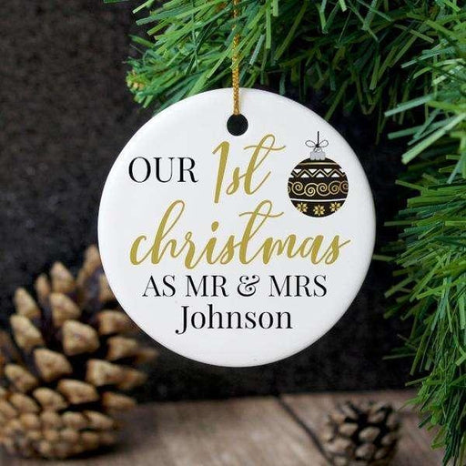 Personalised Our 1st Christmas As Mr & Mrs Round Ceramic Decoration - Myhappymoments.co.uk