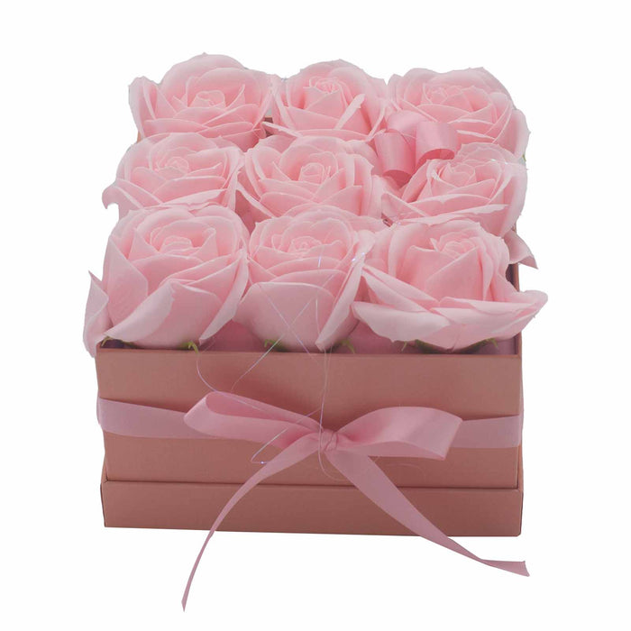 Soap Flower Gift Bouquet In Box - 9 Pink Roses - Square