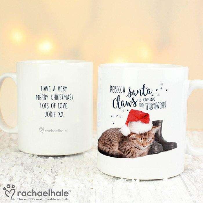 Personalised Rachael Hale Santa Claws Christmas Cat Mug - Myhappymoments.co.uk