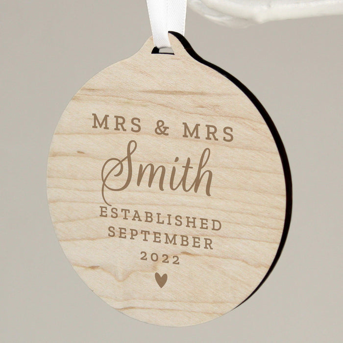 Personalised Mr & Mrs Round Wooden Christmas Decoration