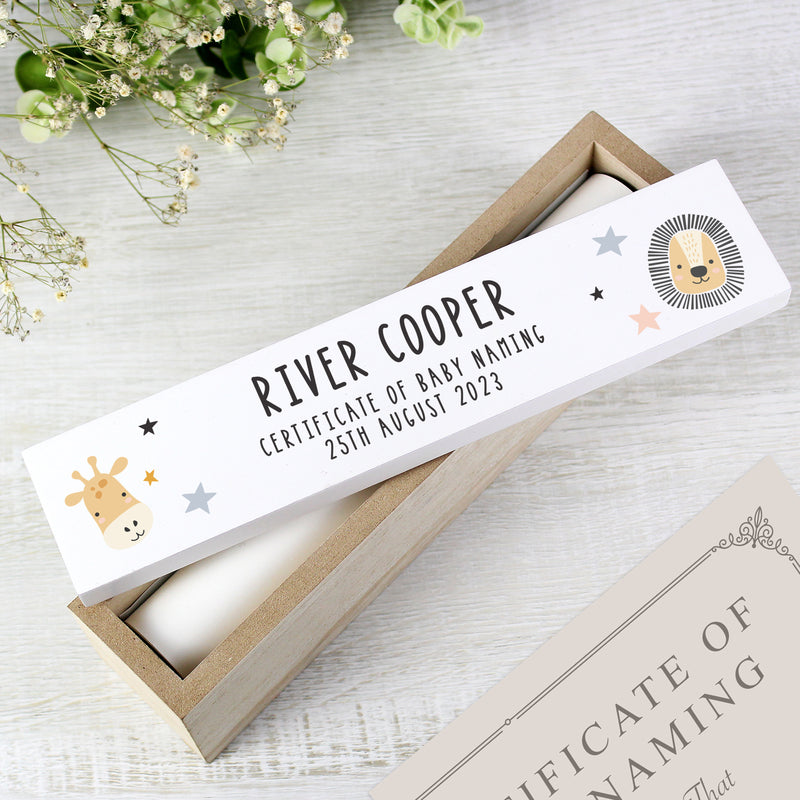 Personalised Safari Animals Birth Wooden Certificate Holder