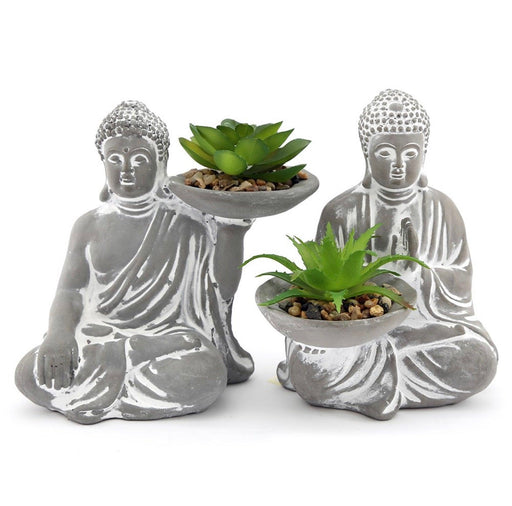 Set Of 2 Cement Buddhas with Faux Succulent