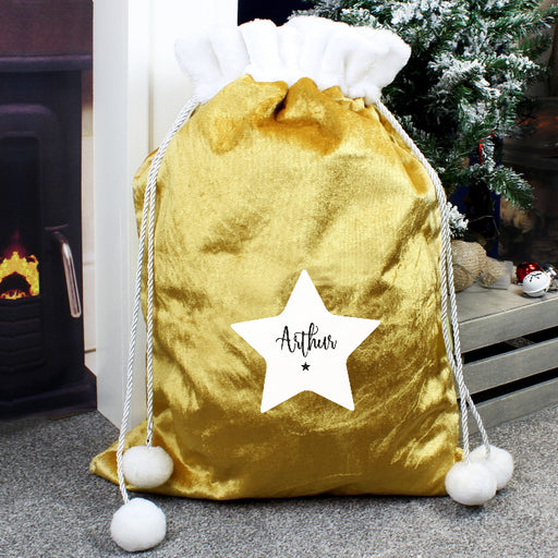 Personalised Luxury Pom Pom Gold Christmas Sack - Star Design