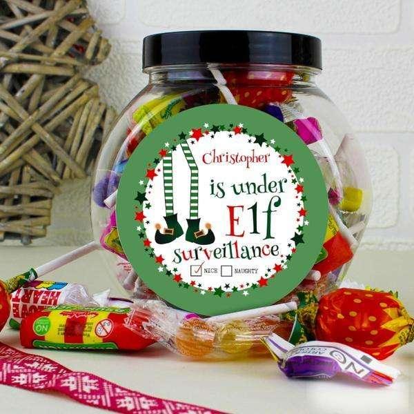 Personalised Under Elf Surveillance Christmas Sweet Jar - Myhappymoments.co.uk