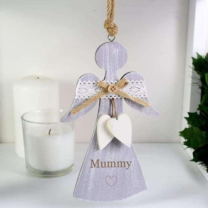 Personalised Hearts Wooden Angel Christmas Tree Decoration - Myhappymoments.co.uk