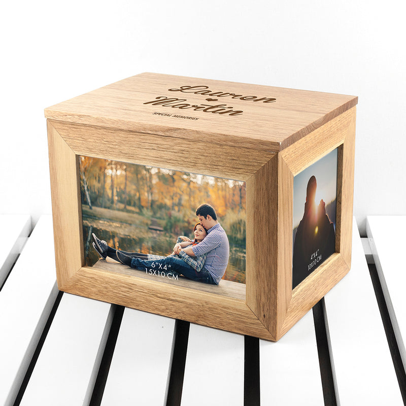 Personalised Heart Couples Midi Oak Photo Cube Keepsake Box