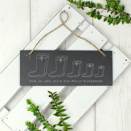 Personalised Welly Boot Family of Five Hanging Slate Sign