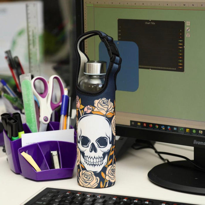 Skulls & Roses Reusable Glass Water Bottle with Protective Neoprene Sleeve with Strap