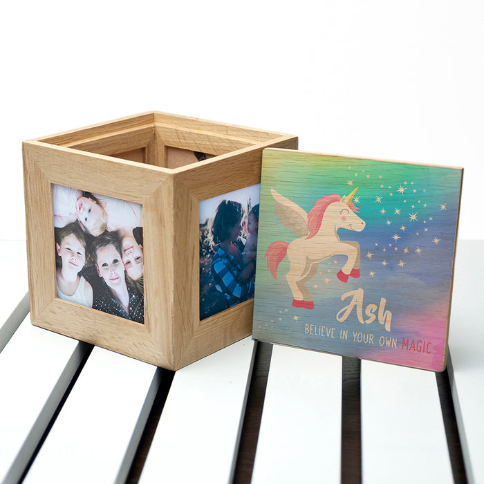 Personalised Unicorn Photo Keepsake Box with Rainbow Background - Myhappymoments.co.uk