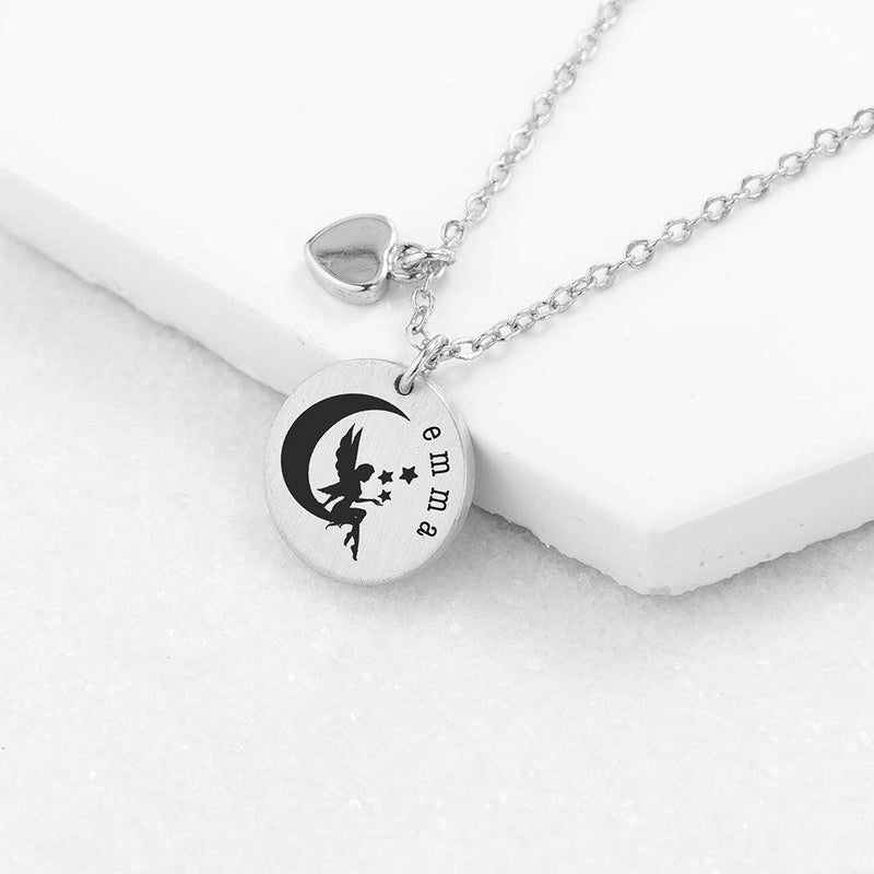 Personalised Fairy Matte Heart & Disc Necklace - Silver