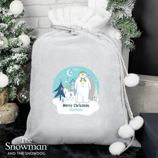 Personalised The Snowman and the Snowdog Luxury Silver Grey Pom Pom Christmas Sack - Pukka Gifts