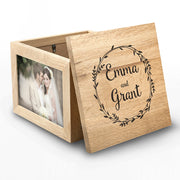Personalised Couple's Oak Photo Keepsake Box with Wreath Design