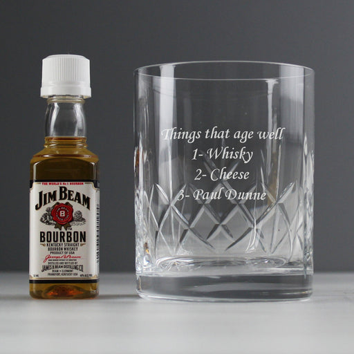 Personalised Cut Crystal Tumbler Glass & Bourbon Whiskey Miniature Set