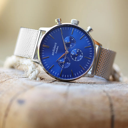 Personalised Men's Architect Motivator Watch In Blue With Silver Mesh Strap