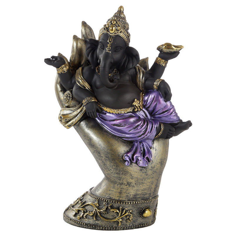 Purple, Gold and Black Ganesh Lying in Buddha Hand Statue