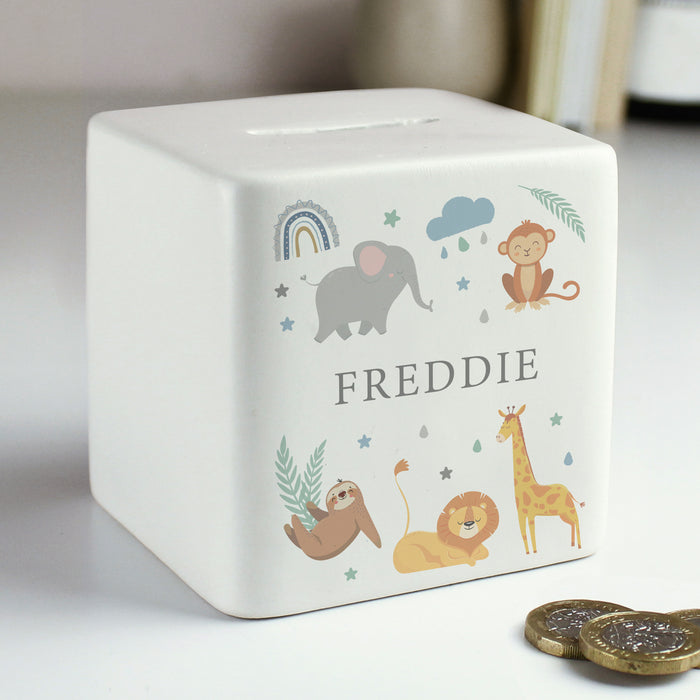 Personalised Safari Animals Ceramic Square Money Box